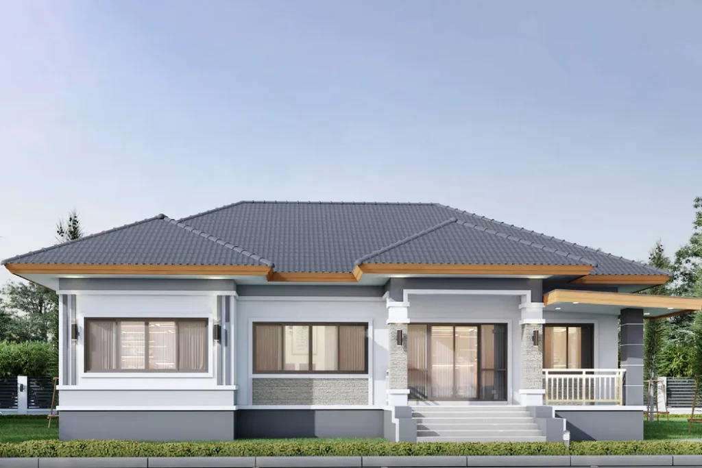 บ้านชั้นเดียวสไตล์โมเดิร์นโทนสีขาวเทา หน้าบ้านตรง